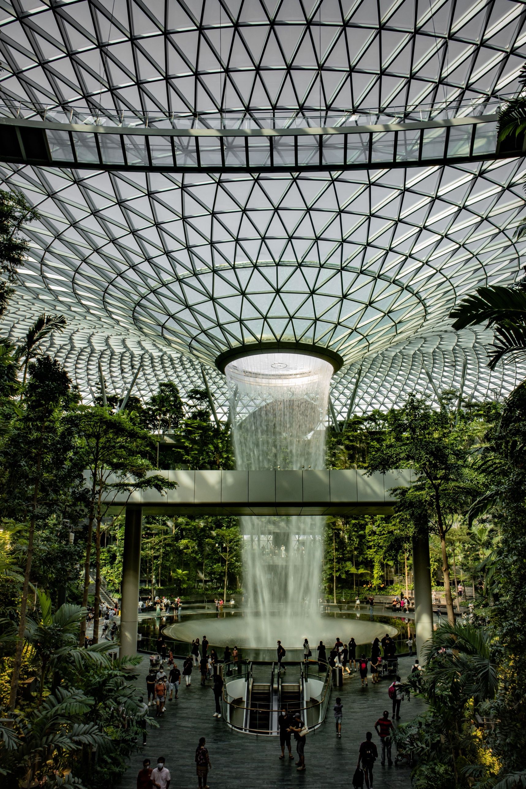 The Rain Vortex waterfall falling through the glass dome of Jewel Changi, surrounded by trees