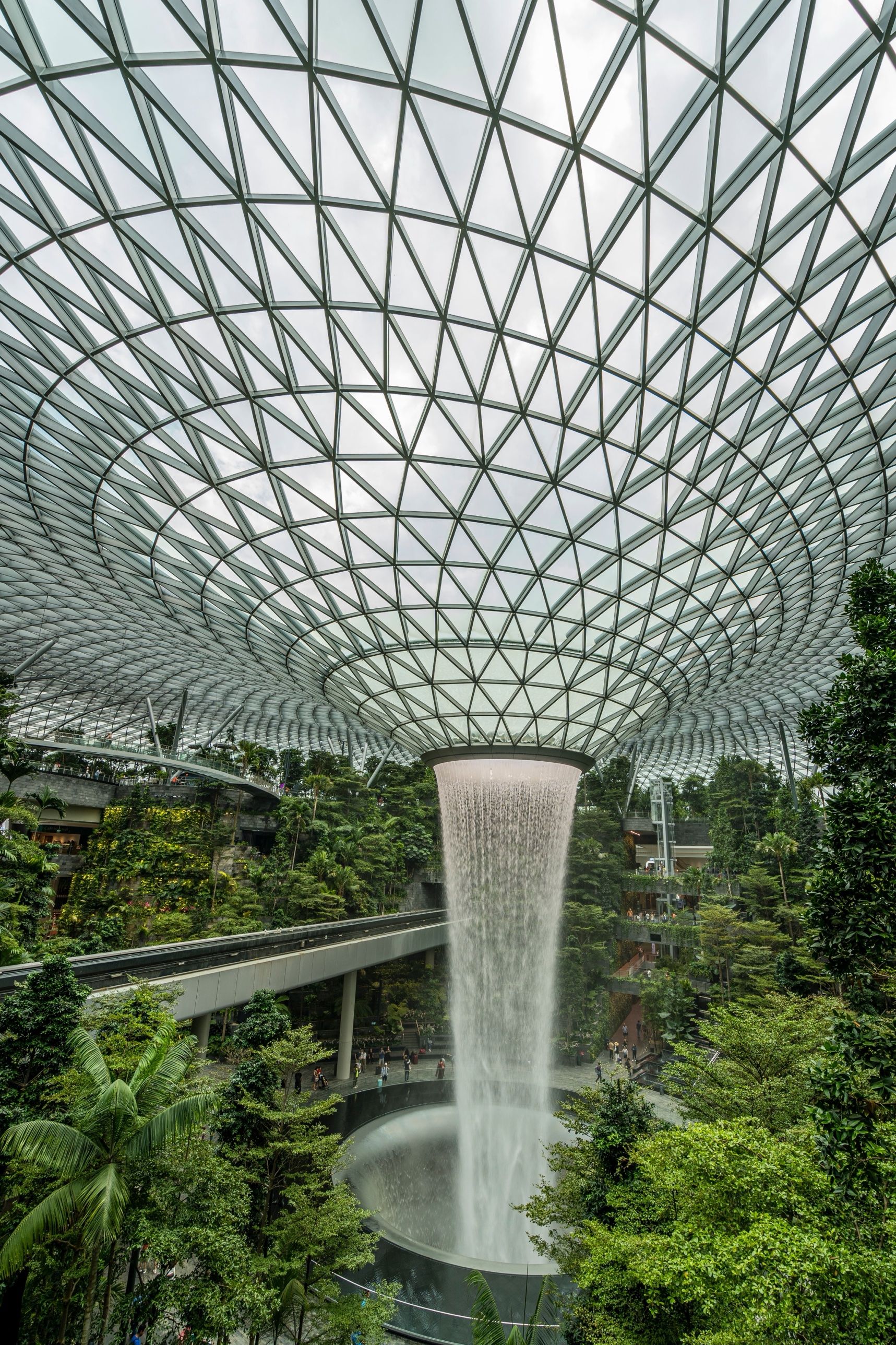 The Rain Vortex waterfall under the glass dome of Jewel Changi